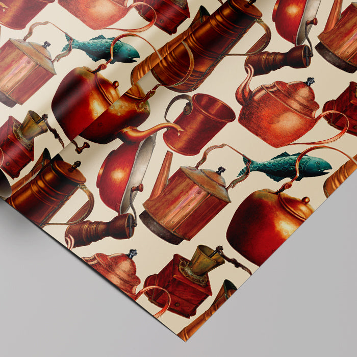 Pattern of copper kettles and fish on a beige background