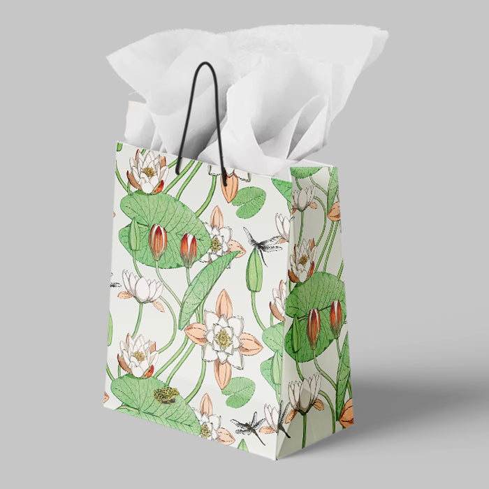 Gift bag with floral design on a gray background