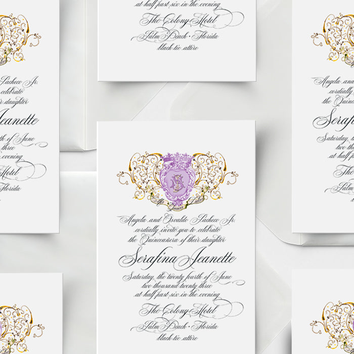 Decorative wedding invitation with intricate designs and text on a white background
