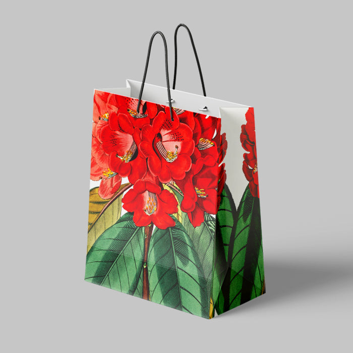 Floral-themed shopping bag with red flowers and green leaves on a gray background