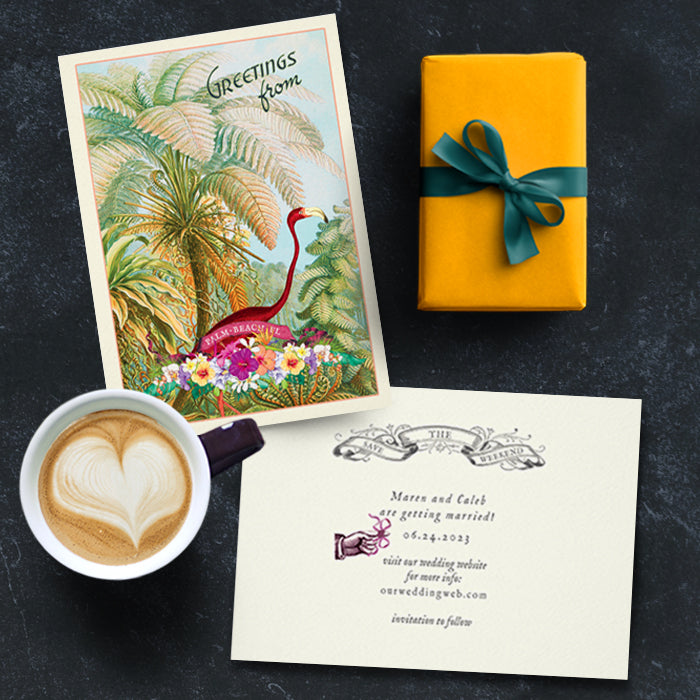 Flamingo Swagger Retro Travel Postcard Destination Wedding Save the Date with Envelope Greetings from Florida Tourist Postcard