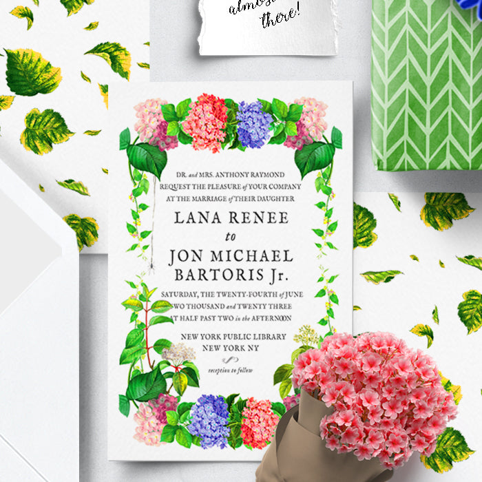 Hortense Party Invitation with Envelope Colorful Hydrangeas Stationery Summer Wedding Paper