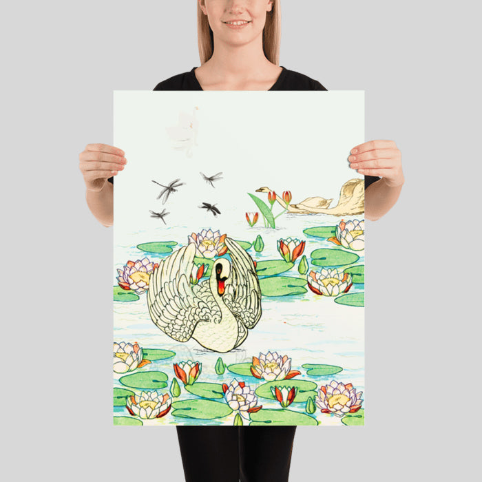Graceful Swan in a Lily Pond Poster Vintage Swan on a Lotus Pond Tranquil Pond with Dragonfly and Swan