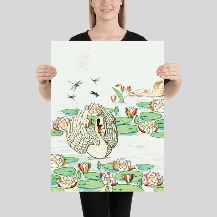 Graceful Swan in a Lily Pond Poster Vintage Swan on a Lotus Pond Tranquil Pond with Dragonfly and Swan