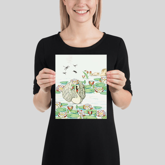 Graceful Swan in a Lily Pond Poster Vintage Swan on a Lotus Pond Tranquil Pond with Dragonfly and Swan