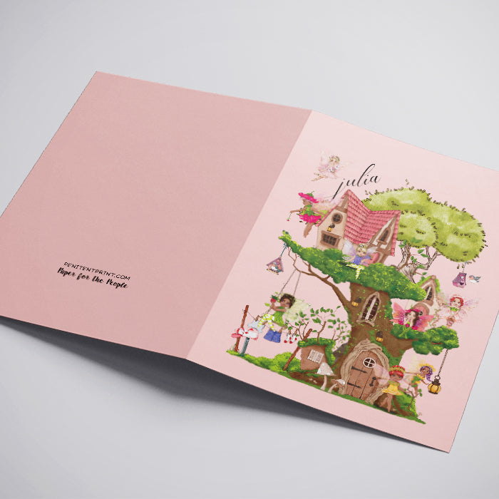 Illustrated children's card with a treehouse scene on a pink background.