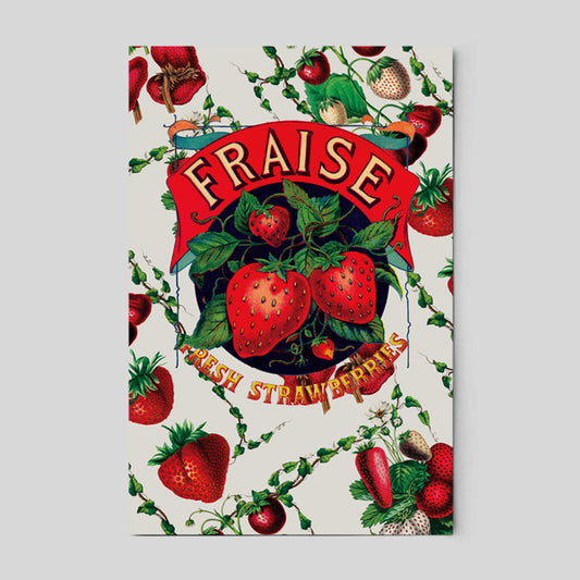 Decorative poster with strawberries and 'Fraise Fresh Strawberries' text on a light background Scarlet Vintage Strawberry Illustration Art Poster Retro Fruit Label penitentprint