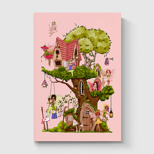 Illustration of a fairy treehouse with fairies and magical elements on a pink background baby girl decor young girl room art pink decor for child room penitent print poster design fairy forest fairies treehouse fae