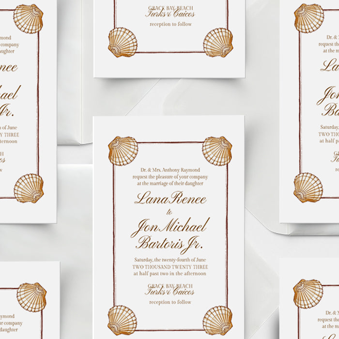 Set of wedding invitations with shell designs on a white background