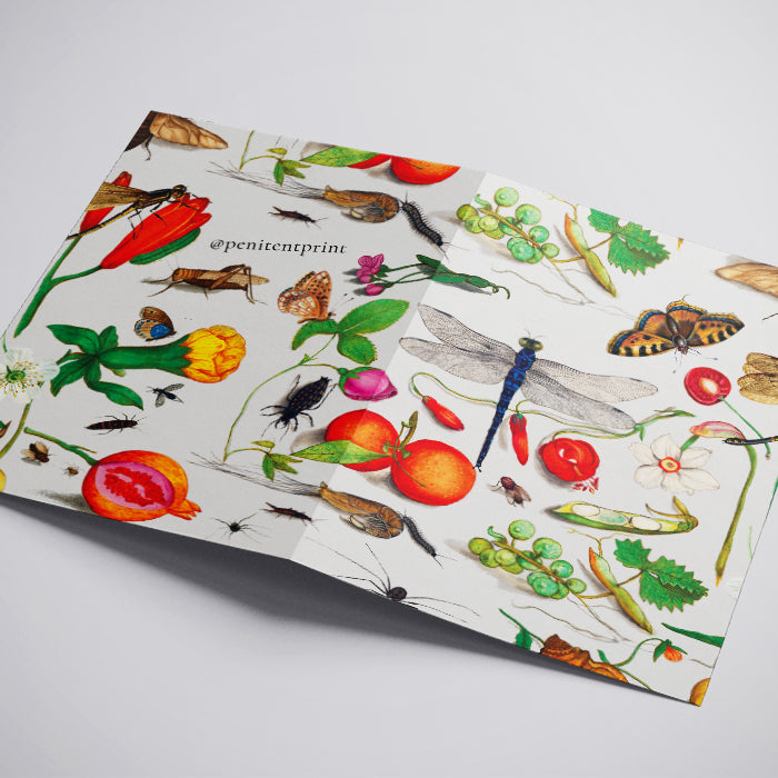 Greeting card with colorful illustrations of insects, flowers, and fruits on a white background.