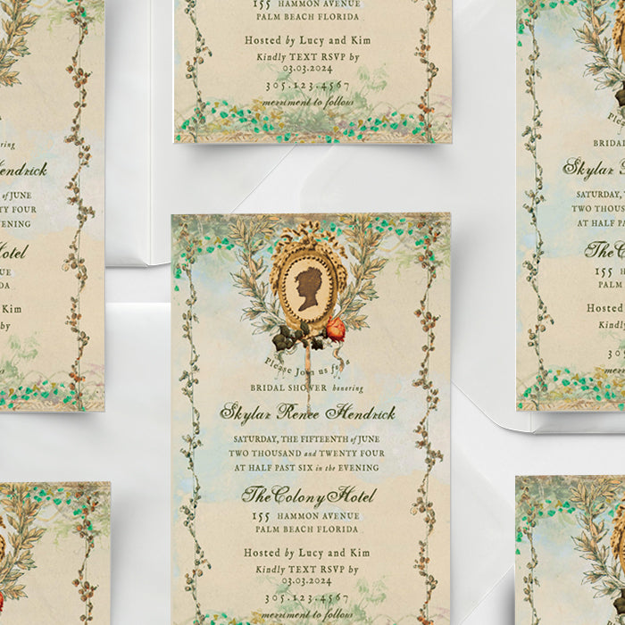 Vintage-style wedding invitations with floral designs and silhouette