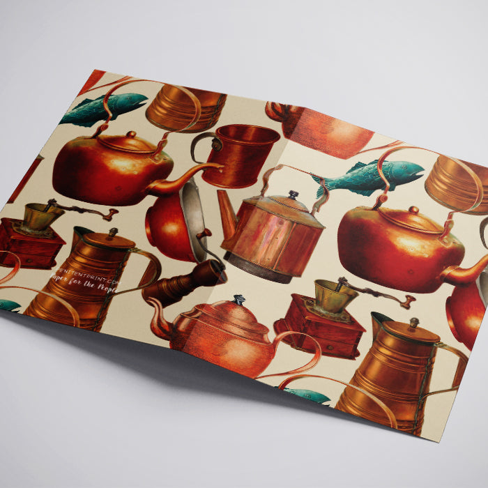 Lucky Penny Greeting Card Vintage Copper Pots Illustration