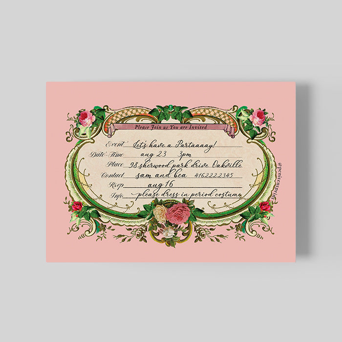Vintage-style invitation card with floral decorations on a pink background