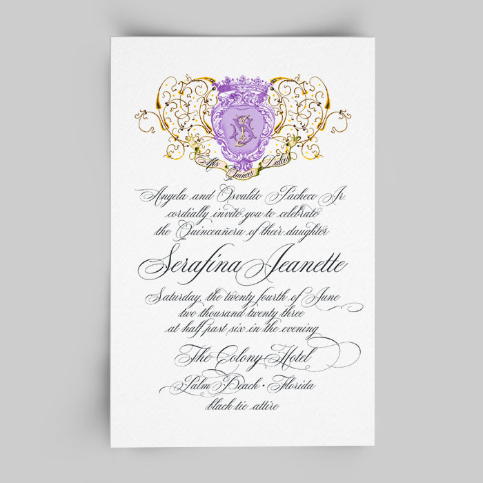 The Serafina Invitation Lilac Crest with Antique Interlocking Monogram includes Envelopes