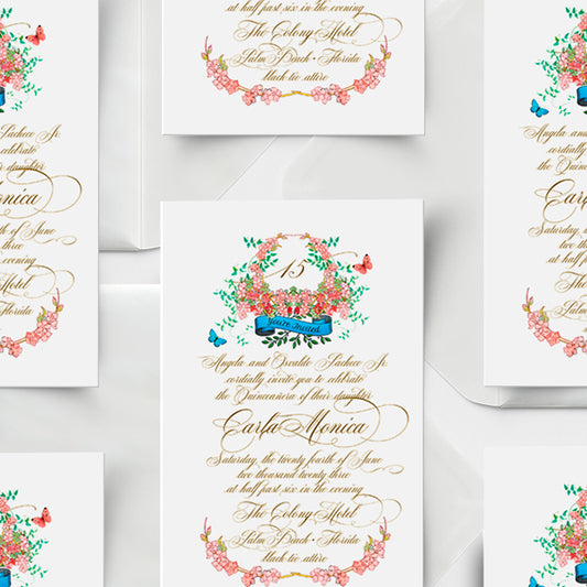 Wedding invitation set with floral designs and text on a white background