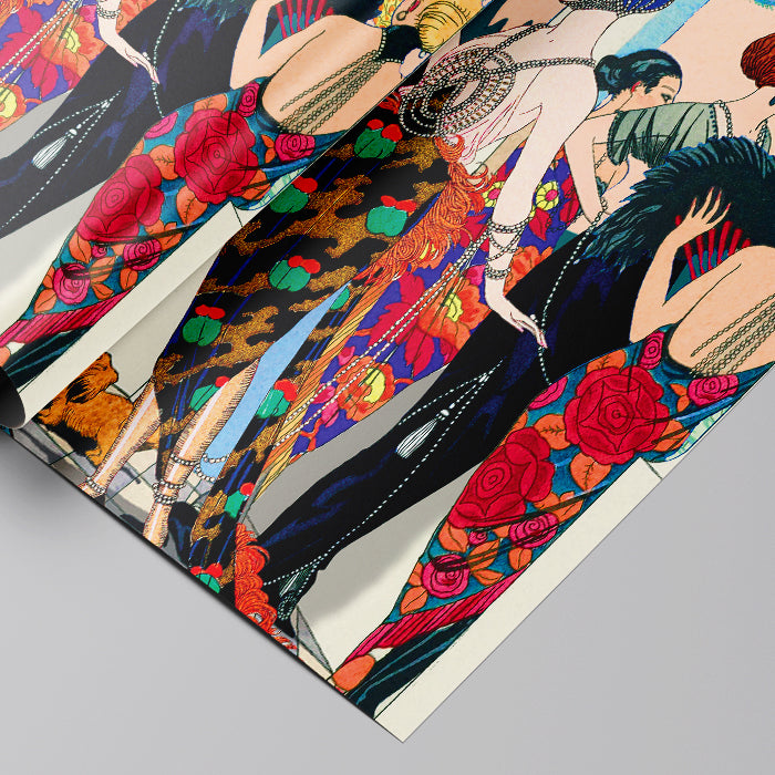 A set of three Art Deco style wrapping paper sheets with vibrant colors and geometric patterns, featuring fashion and decadent themes.
