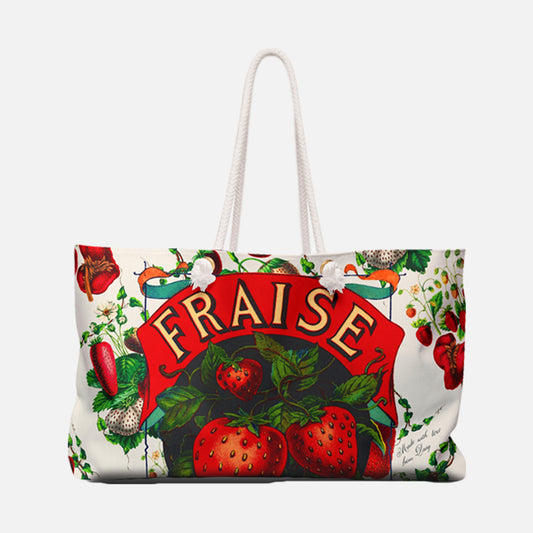Tote bag with retro strawberry design and 'Fraise' text on a white background