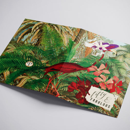 Tropical-themed product with floral design and 'fifty & Fabulous' text on a white background