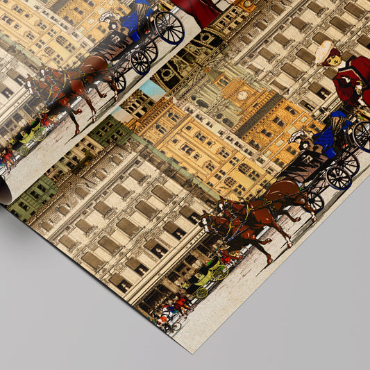 Decorative Wrapping Paper with vintage cityscape design featuring horses and carriages.