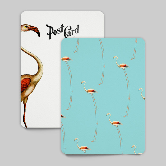 Two postcards featuring flamingo designs on a gray background