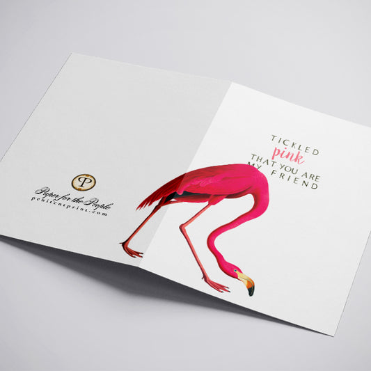 Greeting card with a pink flamingo illustration and text on a white background