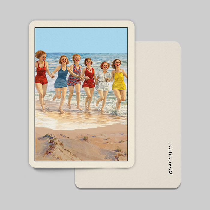 Vintage-style illustration of women in swimsuits running on a beach.