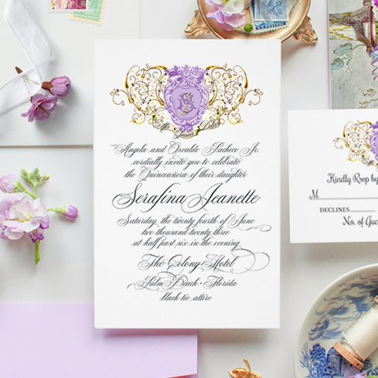 Serafina Invitation Lilac Crest with Antique Interlocking Monogram includes Envelopes