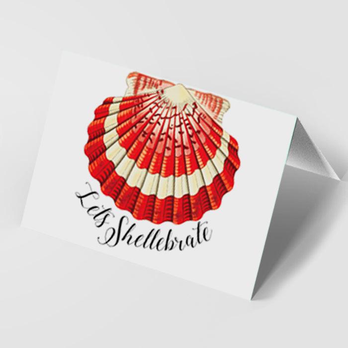 Card with a red and white shell design and 'Let's Shellelbrate' text on a white background