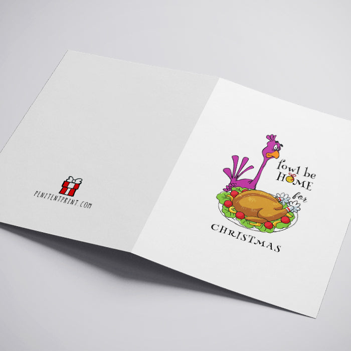 Open greeting card with a cartoon turkey and Christmas-themed design on a white background