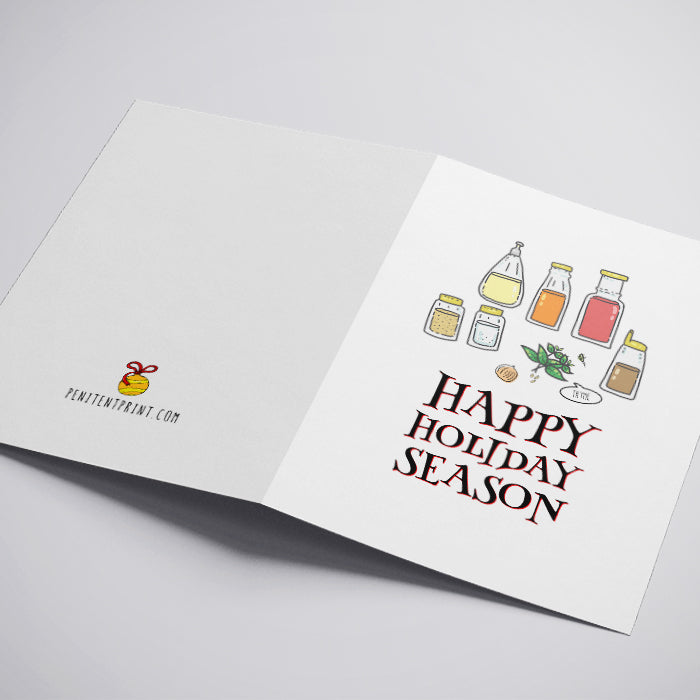 Greeting card with 'Happy Holiday Season' text and illustrations on a white background