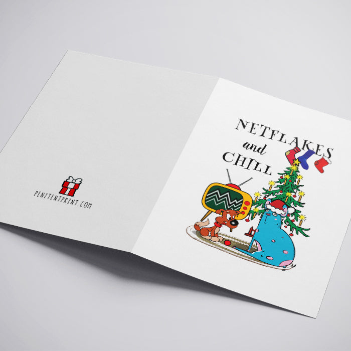 Card with Christmas illustration of a dog and tree, text 'NETFLAKES and CHILL', and PenflintPrint.com logo.