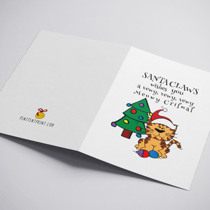 Christmas card with a cat and tree design, featuring the text 'Santa Claws wishes you a very, very, very Meowy Christmas'.