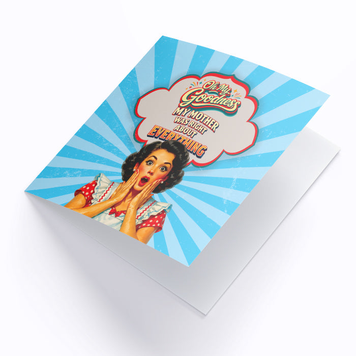 Greeting card with a retro-style illustration of a woman and text on a blue background