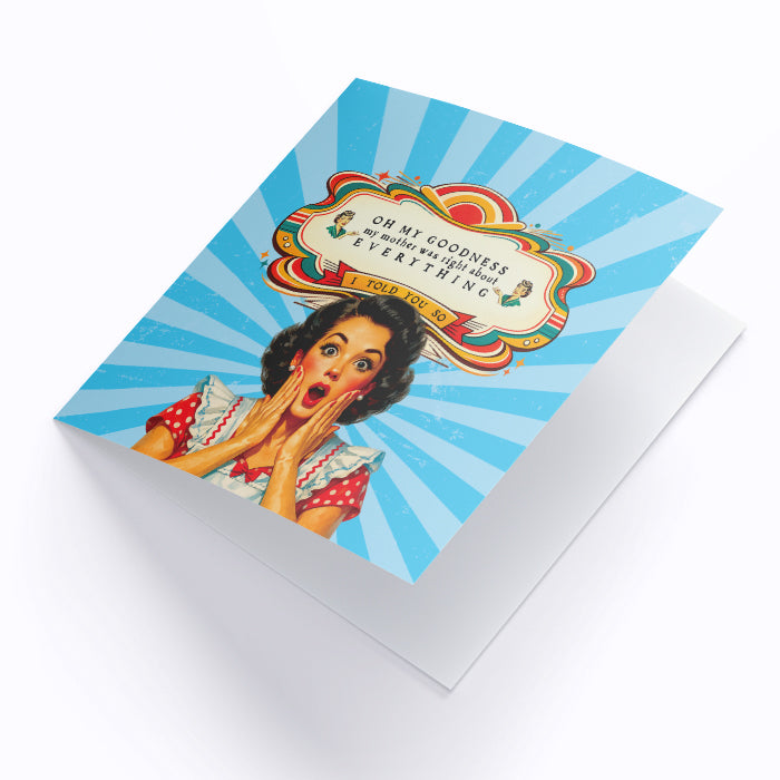 Card with Retro illustration of a surprised woman on a starburst background and a label with text