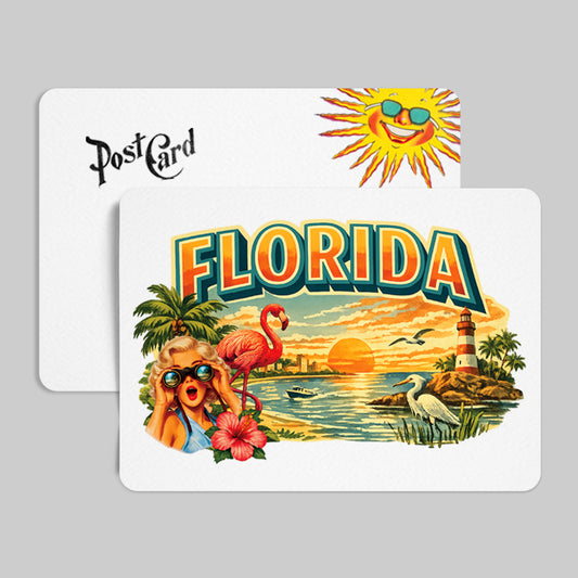 Colorful postcard design featuring 'Florida' with a sun, palm trees, and beach scene on a gray background.