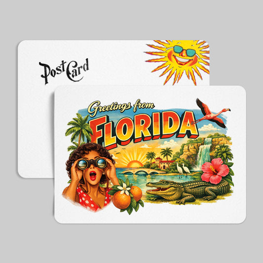 Vintage-style postcard with 'Greetings from Florida' design featuring a woman, sun, palm trees, and alligator.