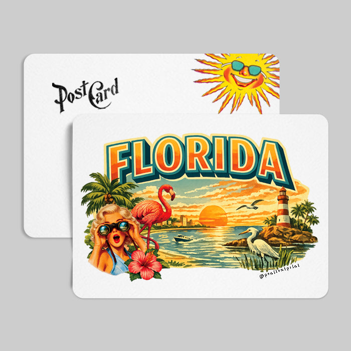 Colorful postcard design featuring Florida with a sun, palm trees, and a sunset.
