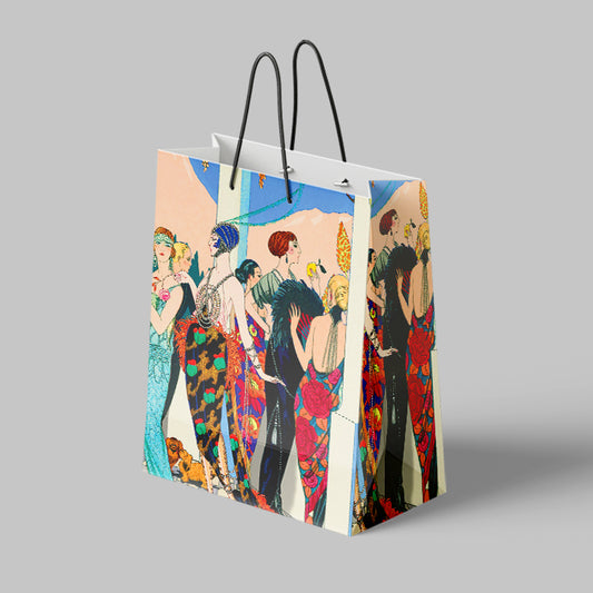 Colorful shopping bag with artistic design of people on a gray background