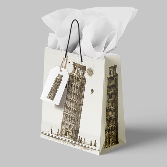 Gift bag with architectural design and tissue paper on a gray background Sepia Tone Leaning Tower of Pisa Vintage Illustration
