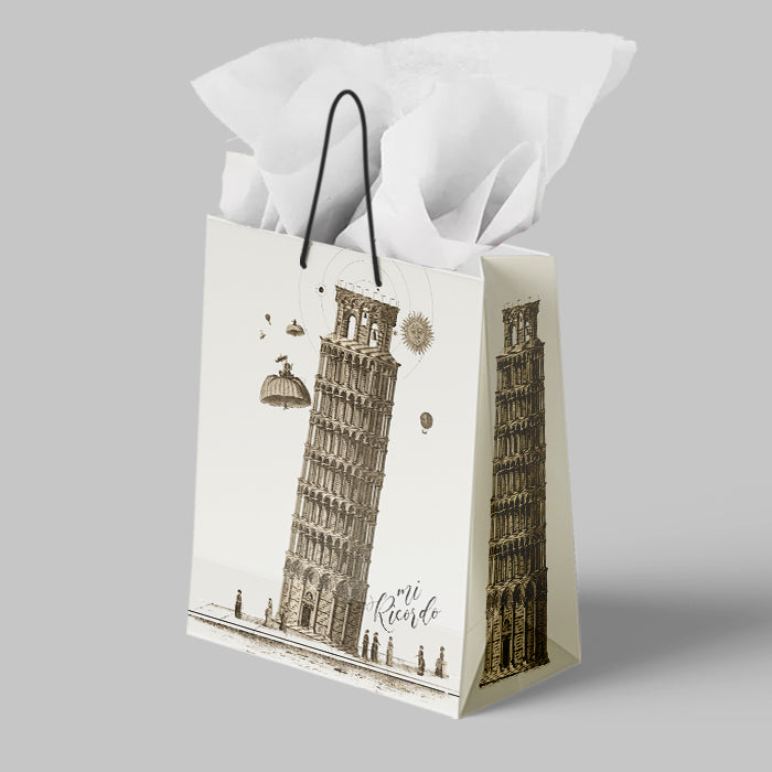 Paper Gift Bag of the Leaning Tower of Pisa on a gray surface