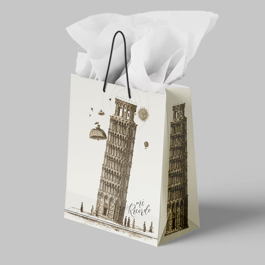 Paper Gift Bag of the Leaning Tower of Pisa on a gray surface