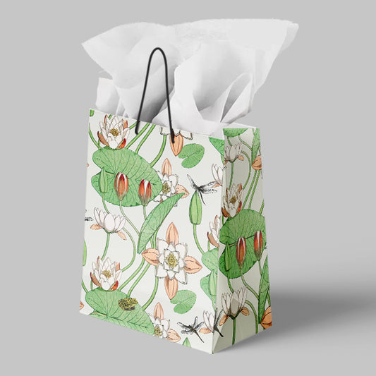 Gift bag with floral design on a gray background