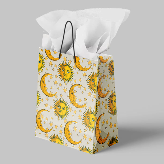 Gift bag with sun and moon pattern on a gray background giftbag penitent print Celeste sun moon Stationery vintage illustration of sky cosmos pattern