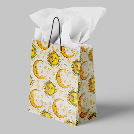 Gift bag with sun and moon pattern on a gray background giftbag penitent print Celeste sun moon Stationery vintage illustration of sky cosmos pattern