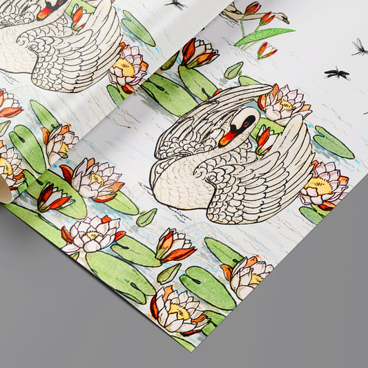 Graceful Swan in a Lily Pond Wrapping Paper Vintage Swan on a Lotus Pond Tranquil Pond with Dragonfly and Swan Wrapping Paper Sheets Set of 3