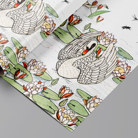 Wrapping Paper with swan and water lilies on a white background