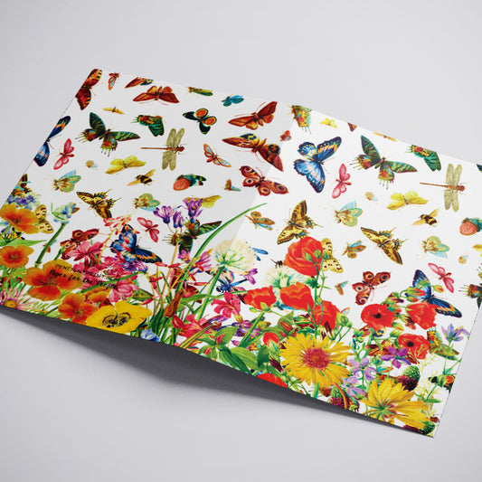 A colorful greeting card with illustrations of butterflies and flowers.