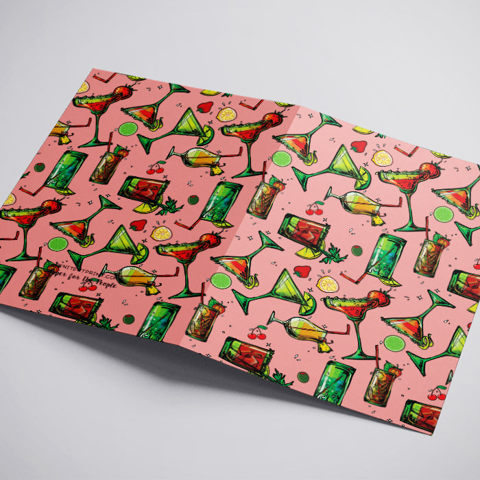 Pink greeting card with colorful drink pattern on a white background