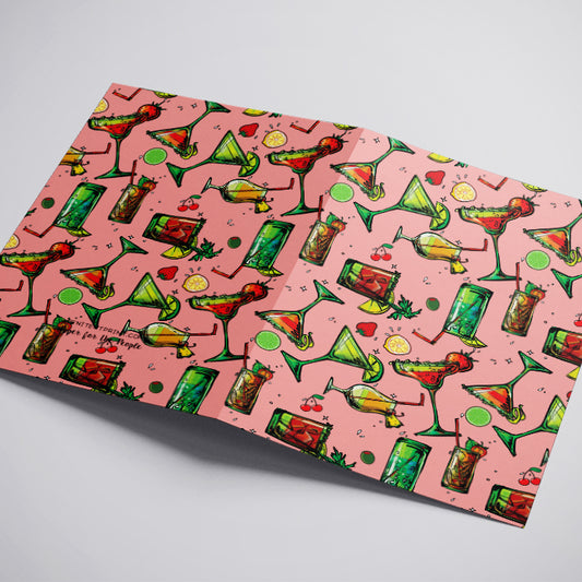 Pink greeting card with colorful drink pattern on a white background