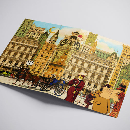 Vintage-style cityscape with people and horse-drawn carriages on a decorative card.
